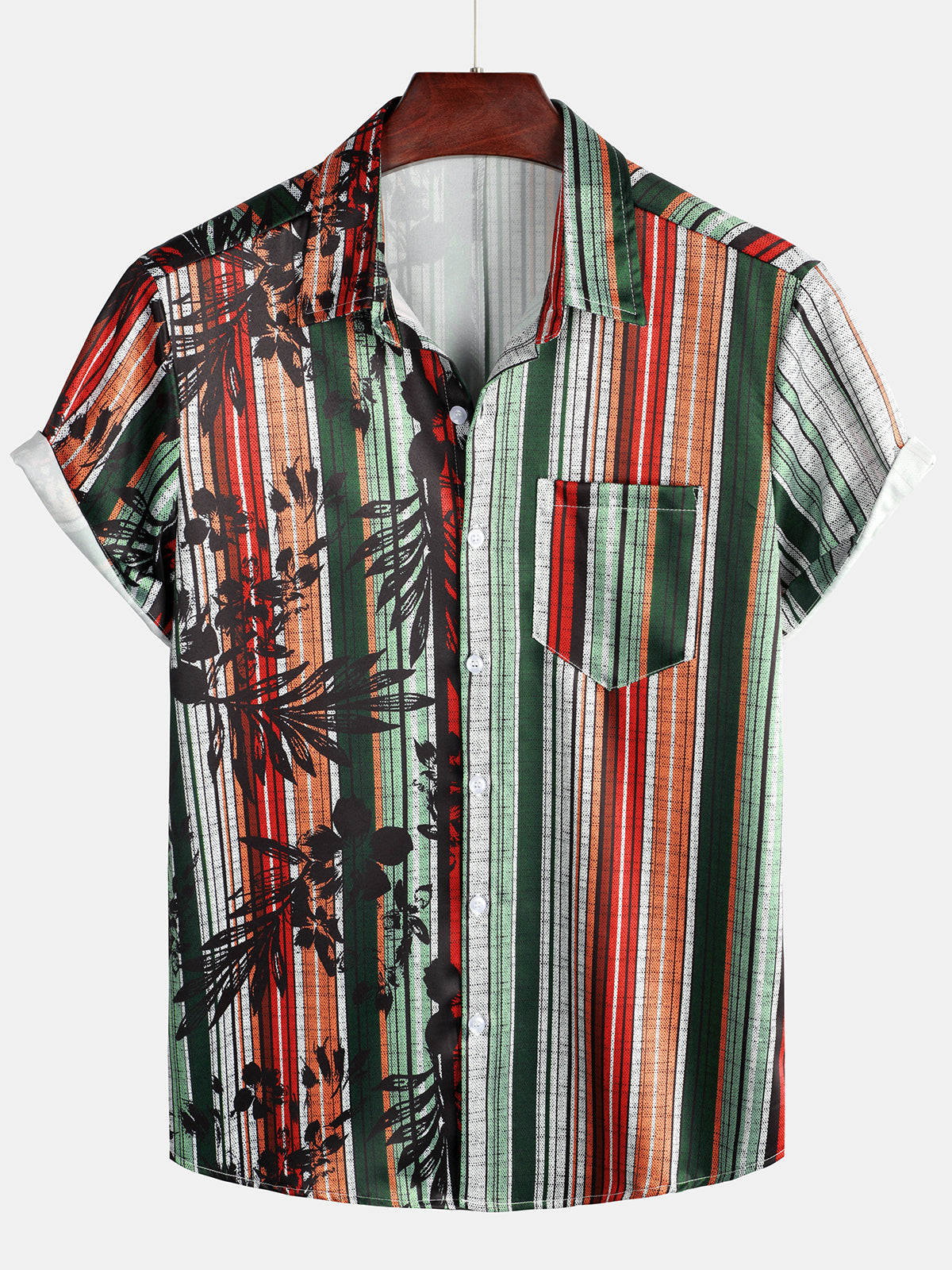 Men's Summer Tropical Print Striped Pocket Hawaiian Beach Short Sleeve Shirt