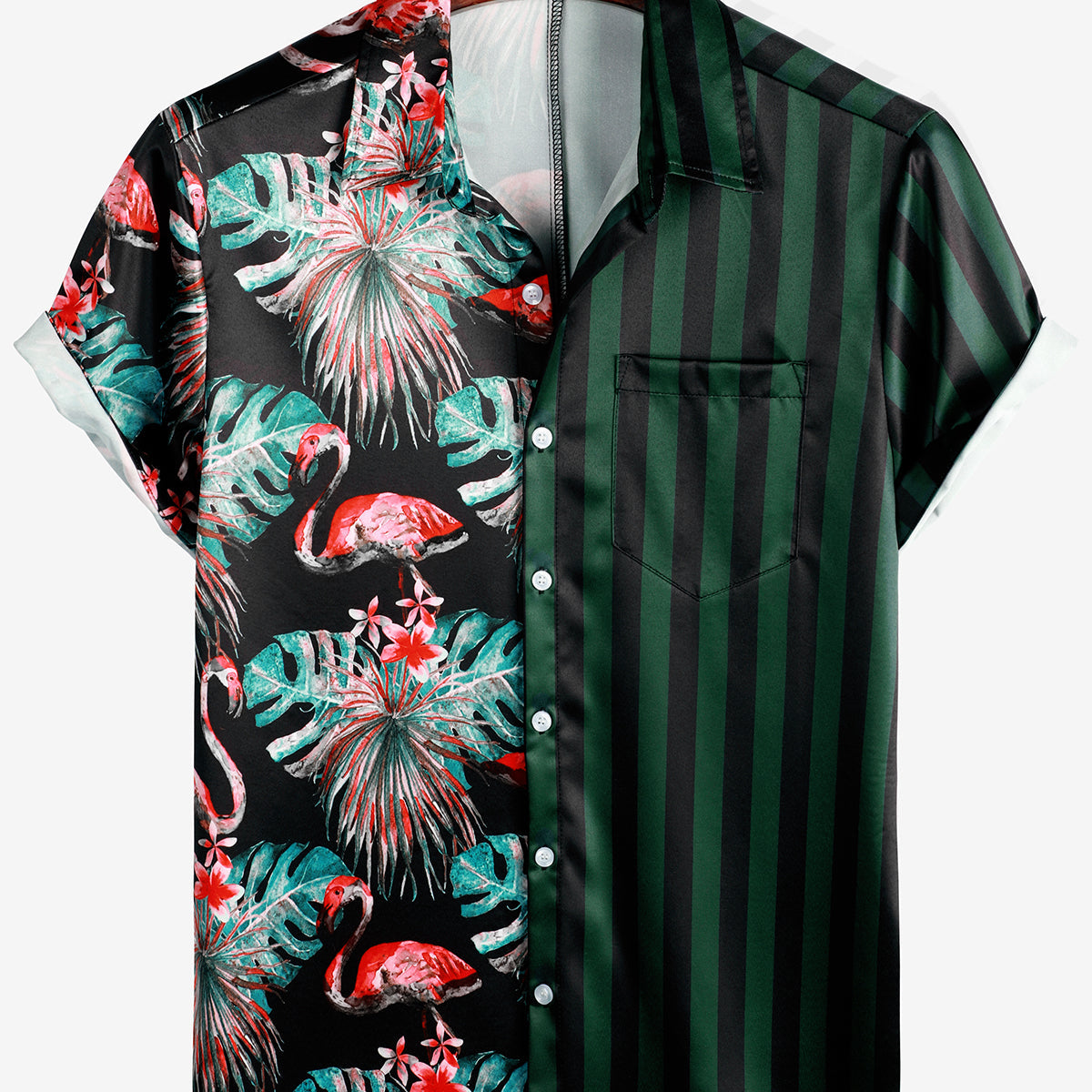 Men's Tropical Flamingo Green Striped Print Pocket Hawaiian Short Sleeve Shirt