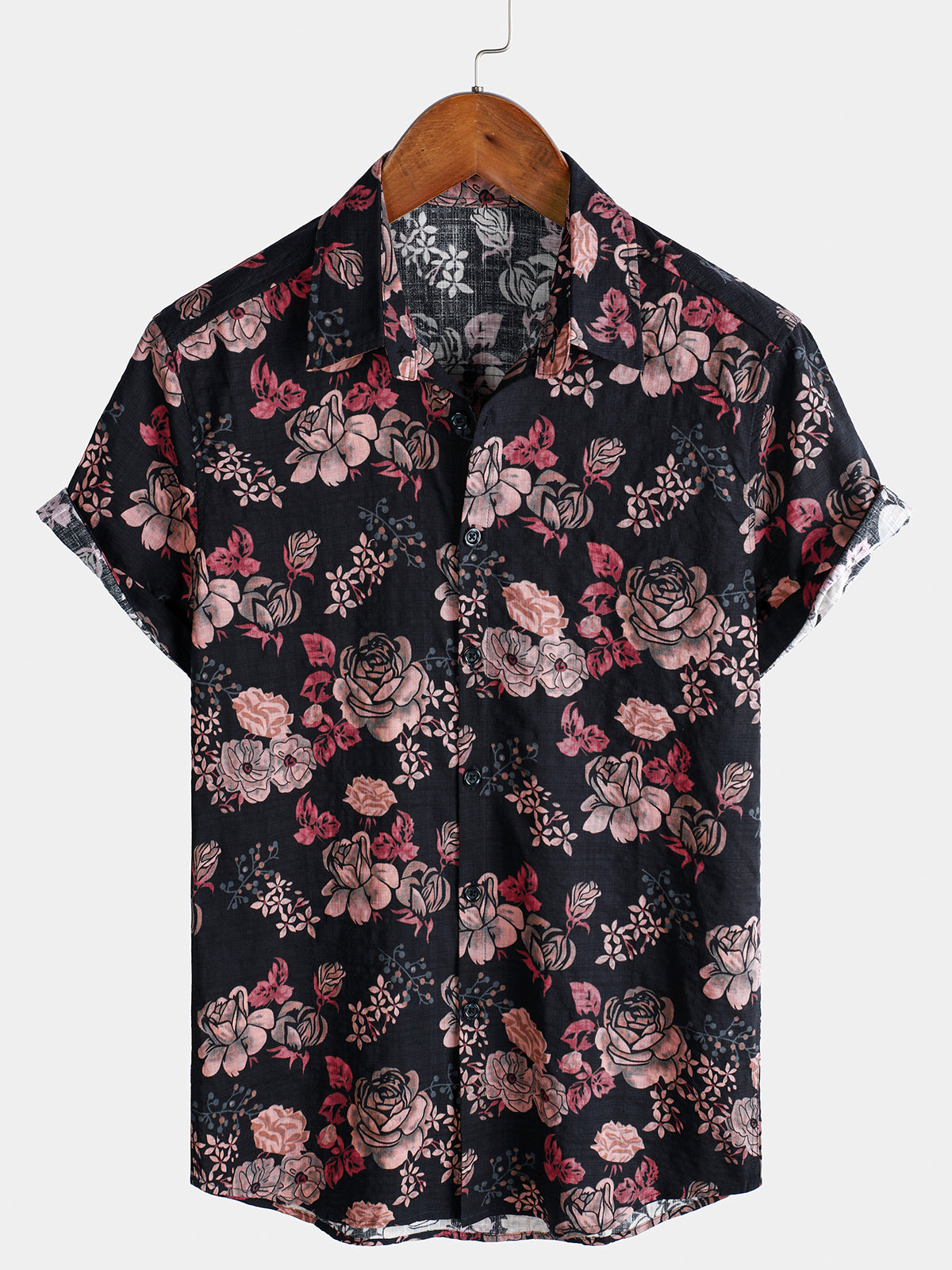 Men's Floral Retro Black Summer Holiday Short Sleeve Shirt