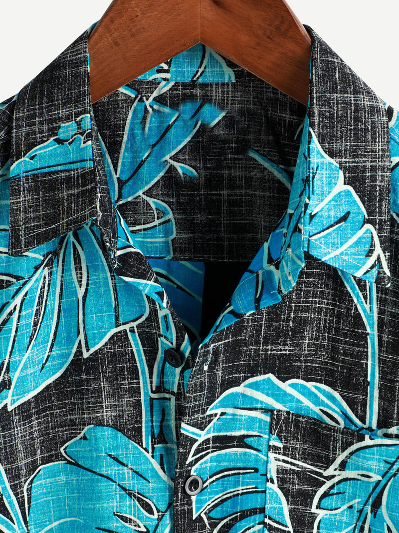 Men's Summer Tropical Print Pocket Cool Black Hawaiian Beach Short Sleeve Button Shirt