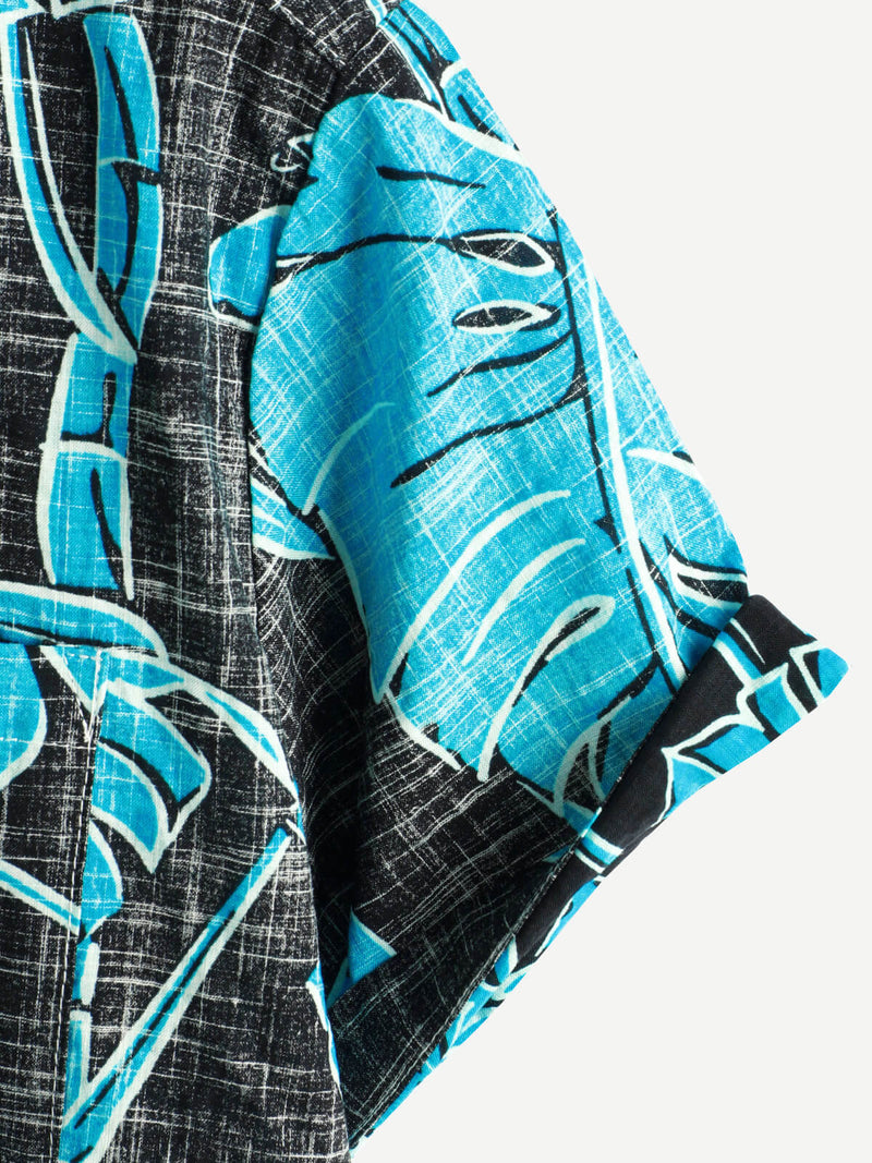 Men's Summer Tropical Print Pocket Cool Black Hawaiian Beach Short Sleeve Button Shirt