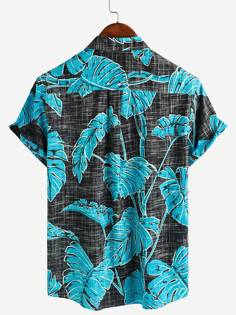 Men's Summer Tropical Print Pocket Cool Black Hawaiian Beach Short Sleeve Button Shirt