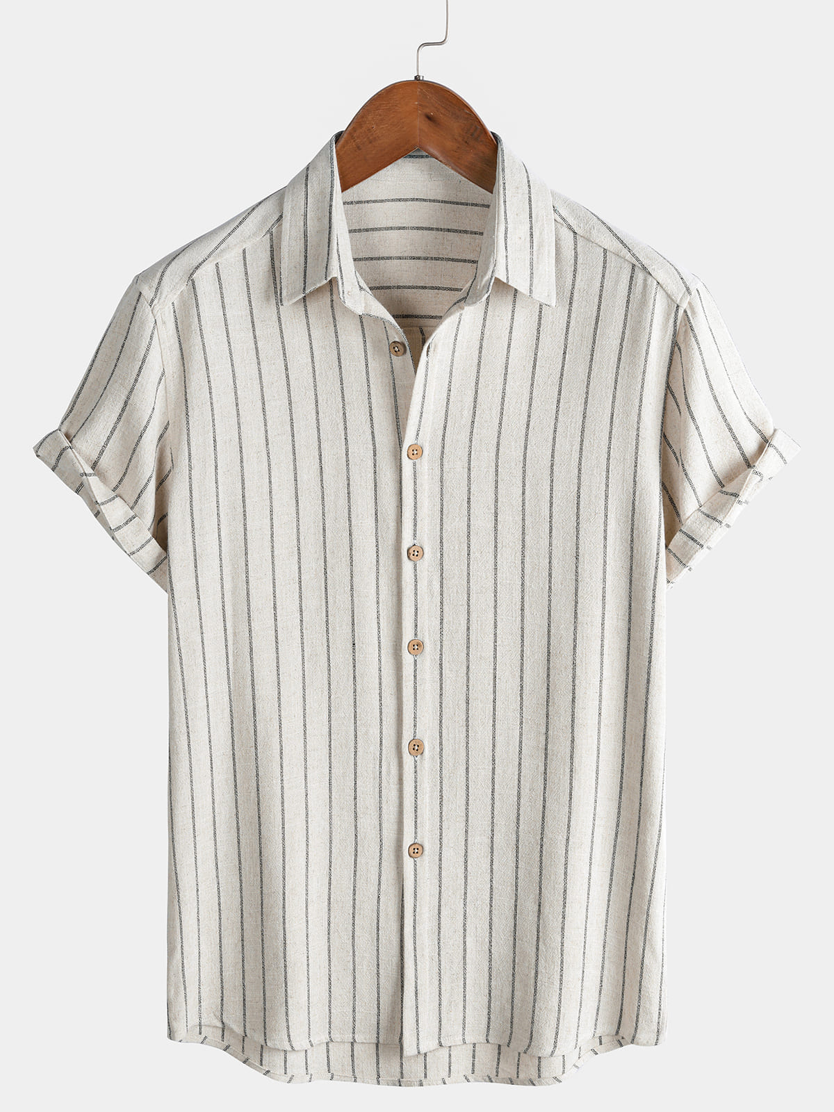 Men's Beige Stripe Linen & Cotton Casual Short Sleeve Shirt