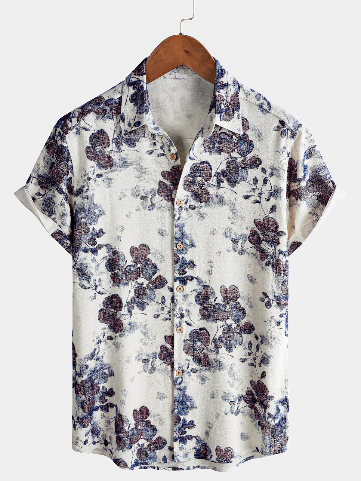 Men's Botanical Print Linen & Cotton Summer Short Sleeve Shirt