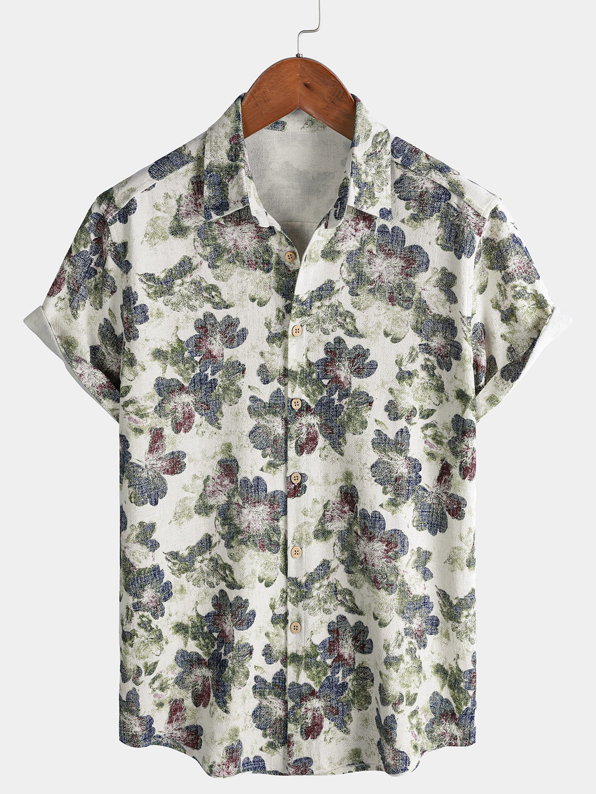 Men's Floral Print Linen & Cotton Beach Short Sleeve Shirt
