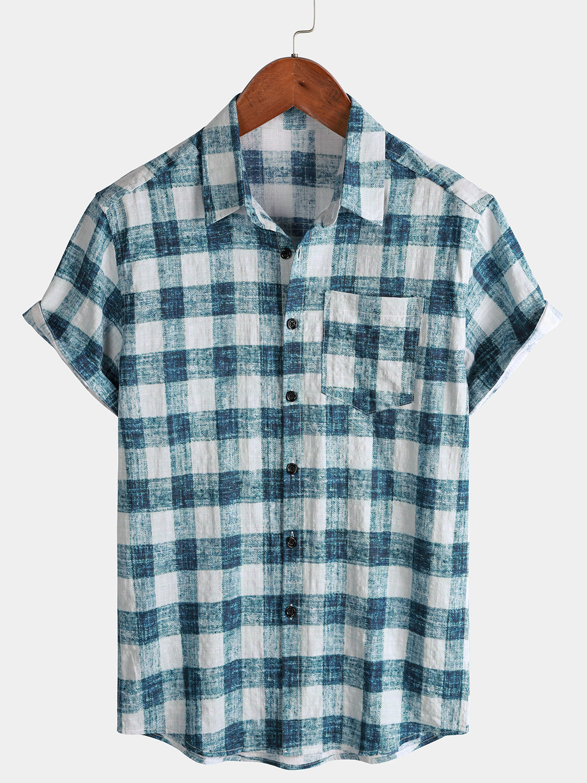 Men's Blue Plaid Casual Short Sleeve Shirt