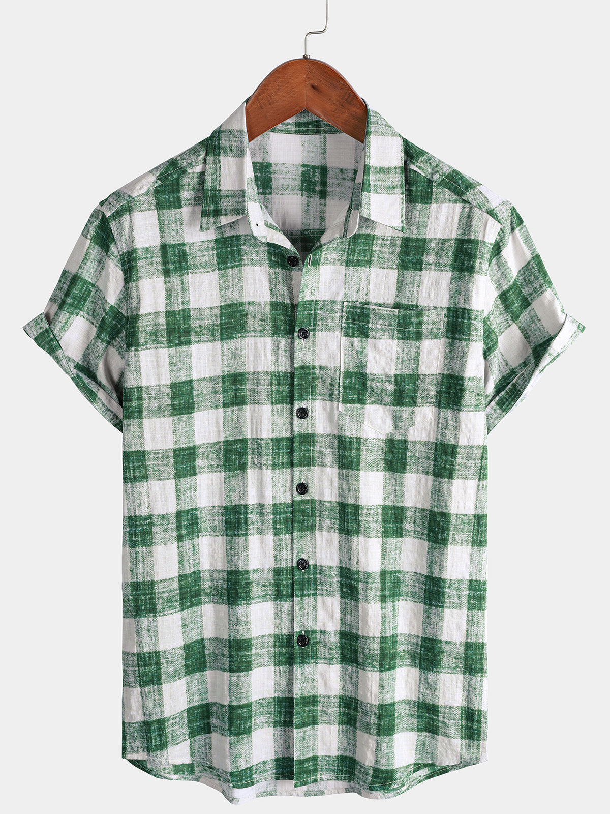 Men's Green Plaid Casual Short Sleeve Shirt