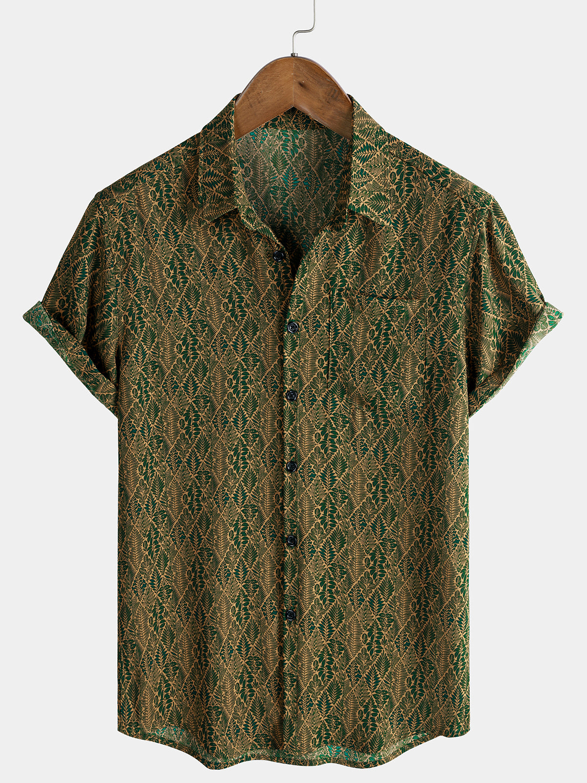 Men's Green Botanical Print Summer Short Sleeve Shirt