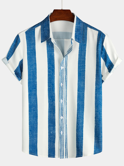 Bundle Of 2 | Men's Vintage Blue Vertical Striped Casual Short Sleeve Shirts