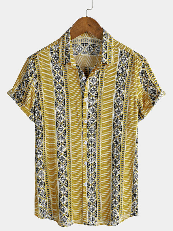 Men’s Vintage Breathable Short Sleeve Stripe Button Up Lightweight Cool Casual Shirt