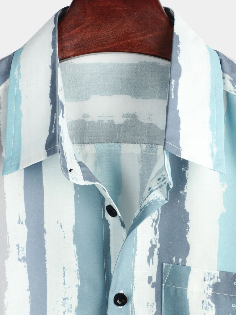Men's Grey Striped Casual Pocket Art Button Holiday Short Sleeve Shirt