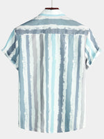Men's Grey Striped Casual Pocket Art Button Holiday Short Sleeve Shirt