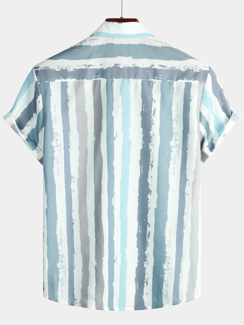 Men's Grey Striped Casual Pocket Art Button Holiday Short Sleeve Shirt