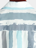 Men's Grey Striped Casual Pocket Art Button Holiday Short Sleeve Shirt