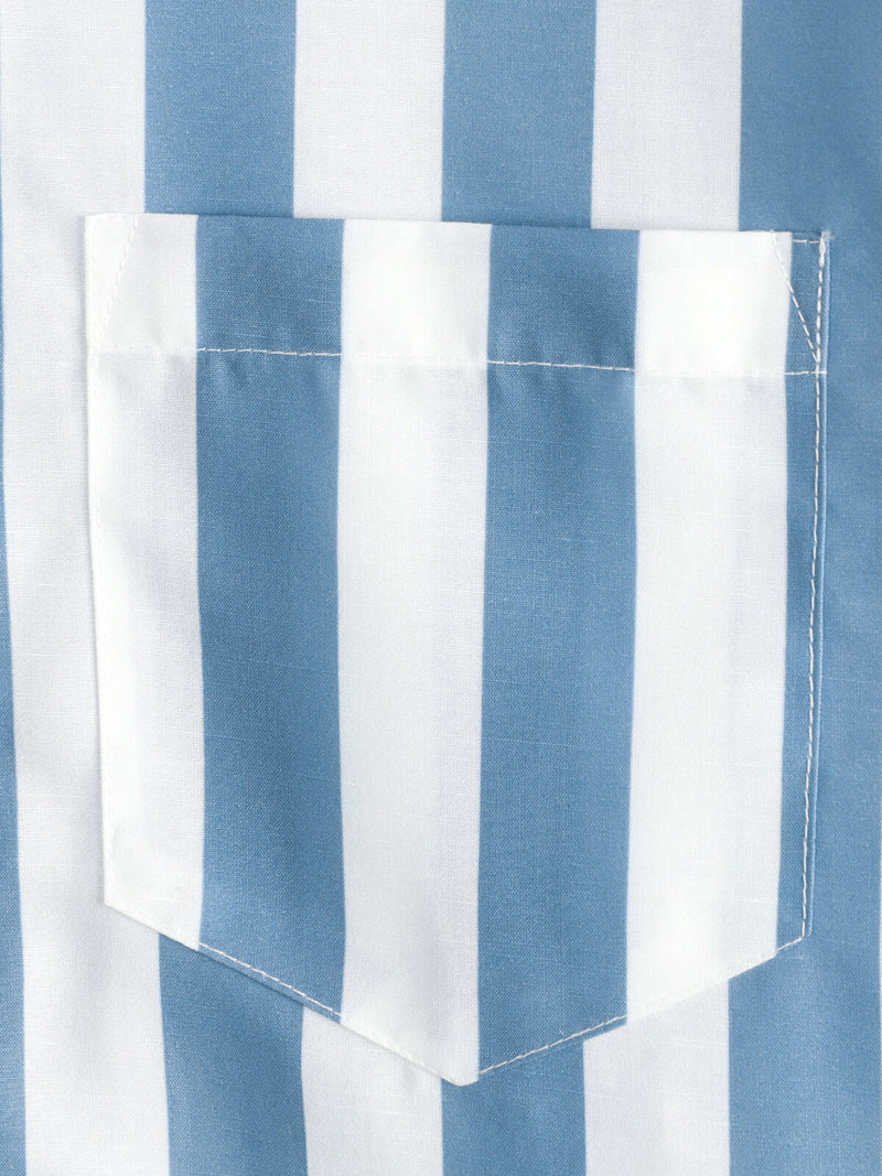 Men's Blue and White Striped Casual Pocket Summer Button Up Short Sleeve Shirt