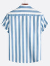 Men's Blue and White Striped Casual Pocket Summer Button Up Short Sleeve Shirt