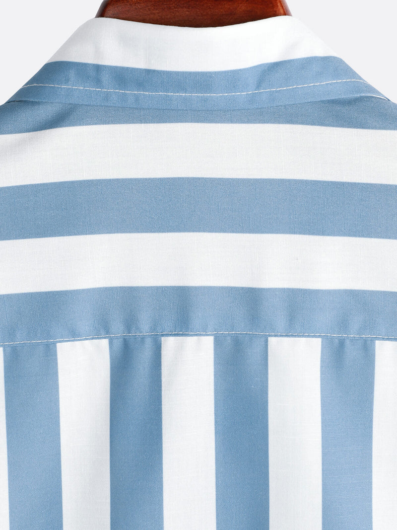 Men's Blue and White Striped Casual Pocket Summer Button Up Short Sleeve Shirt