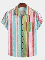 Men's Retro Green And Pink Striped Casual Summer Short Sleeve Shirt