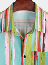 Men's Retro Green And Pink Striped Casual Summer Short Sleeve Shirt