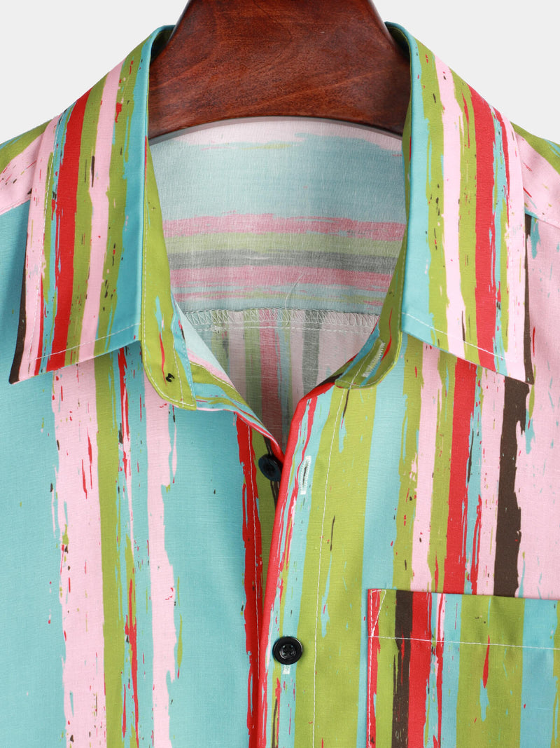 Men's Retro Green And Pink Striped Casual Summer Short Sleeve Shirt