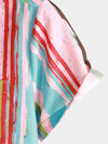 Men's Retro Green And Pink Striped Casual Summer Short Sleeve Shirt