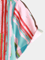Men's Retro Green And Pink Striped Casual Summer Short Sleeve Shirt