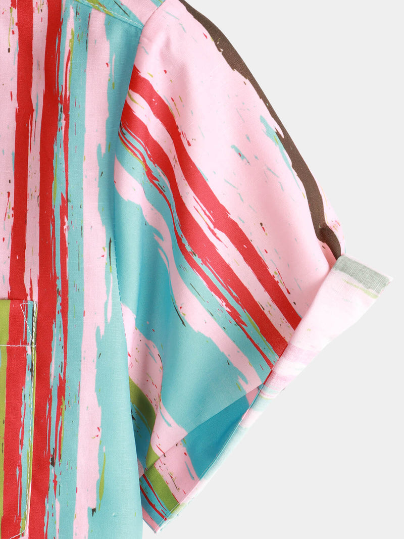 Men's Retro Green And Pink Striped Casual Summer Short Sleeve Shirt