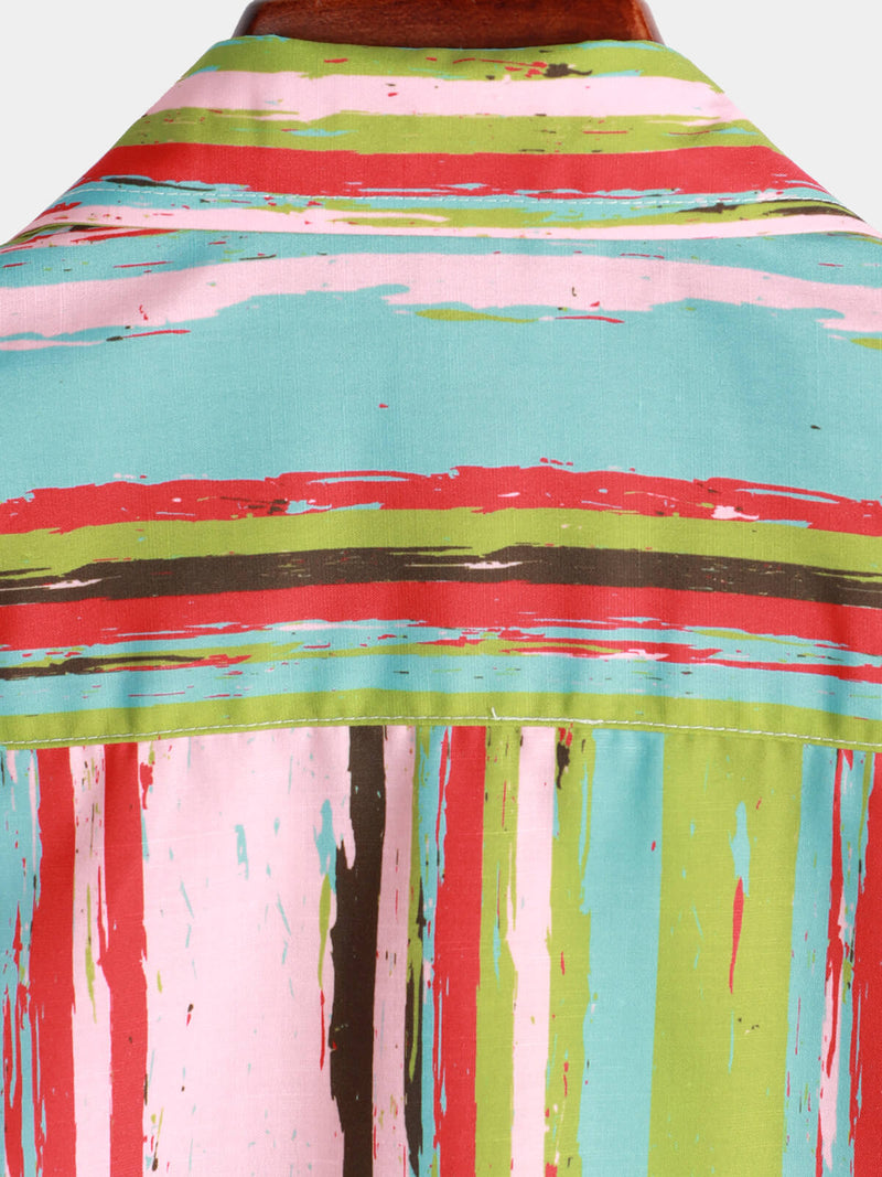 Men's Retro Green And Pink Striped Casual Summer Short Sleeve Shirt