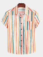 Men's Casual Orange Striped Summer Button Retro Pocket Short Sleeve Shirt