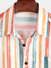 Men's Casual Orange Striped Summer Button Retro Pocket Short Sleeve Shirt