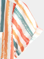 Men's Casual Orange Striped Summer Button Retro Pocket Short Sleeve Shirt