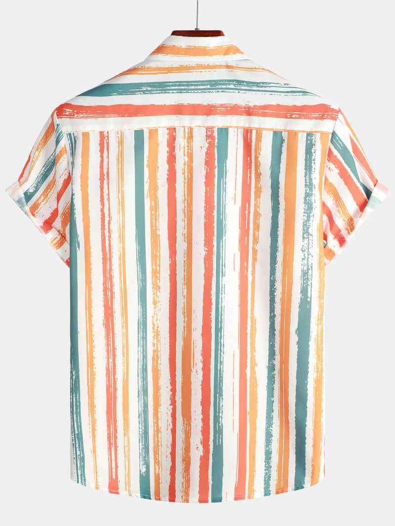 Men's Casual Orange Striped Summer Button Retro Pocket Short Sleeve Shirt