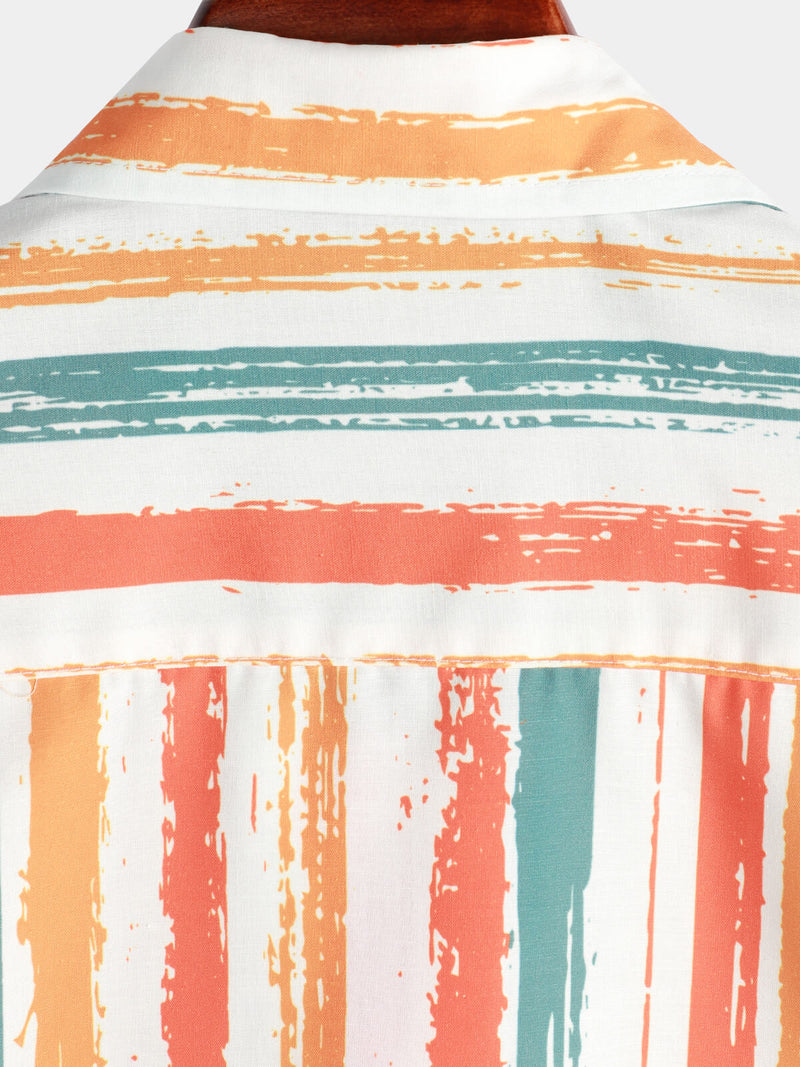 Men's Casual Orange Striped Summer Button Retro Pocket Short Sleeve Shirt