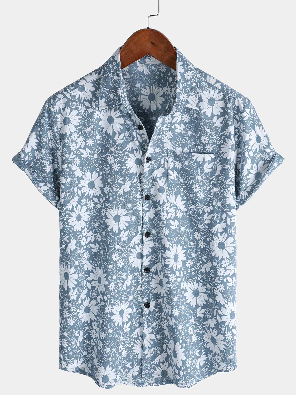 Men's Holiday Blue Daisy Print Pocket Short Sleeve Shirt