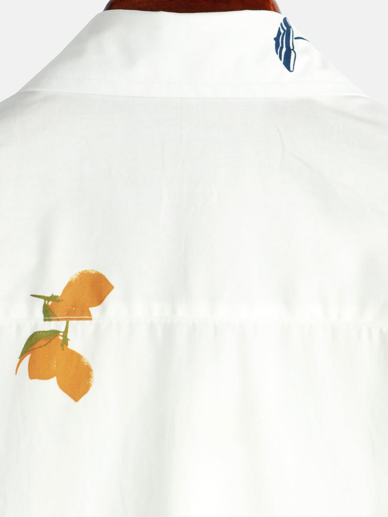 Men's Cotton White Hawaiian Button Up Beach Holiday Summer Short Sleeve Shirt