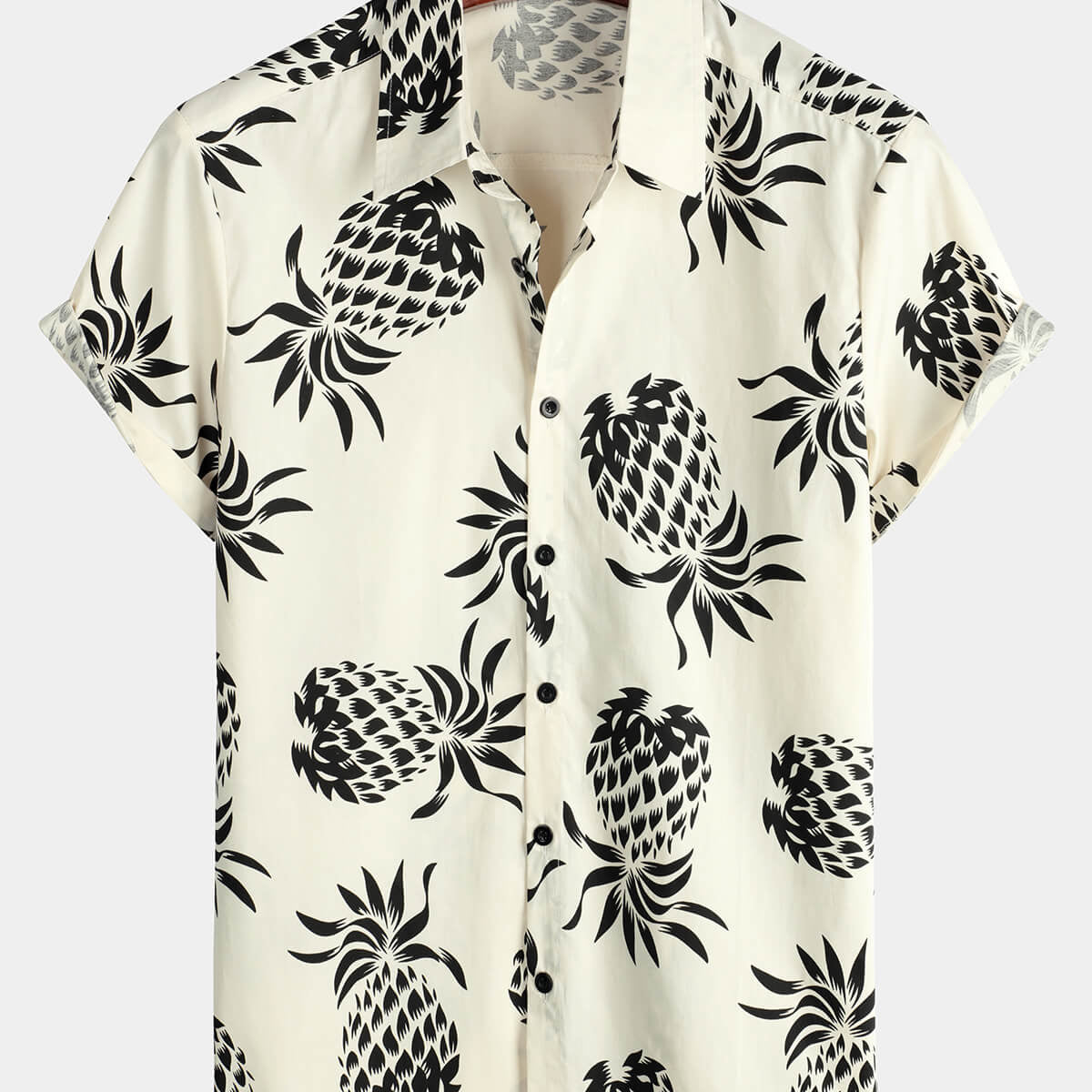 Men's Cotton Pineapple Print Summer Hawaiian Beach Beige Button Up Short Sleeve Shirt