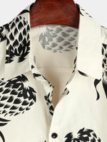Men's Cotton Pineapple Print Summer Hawaiian Beach Beige Button Up Short Sleeve Shirt