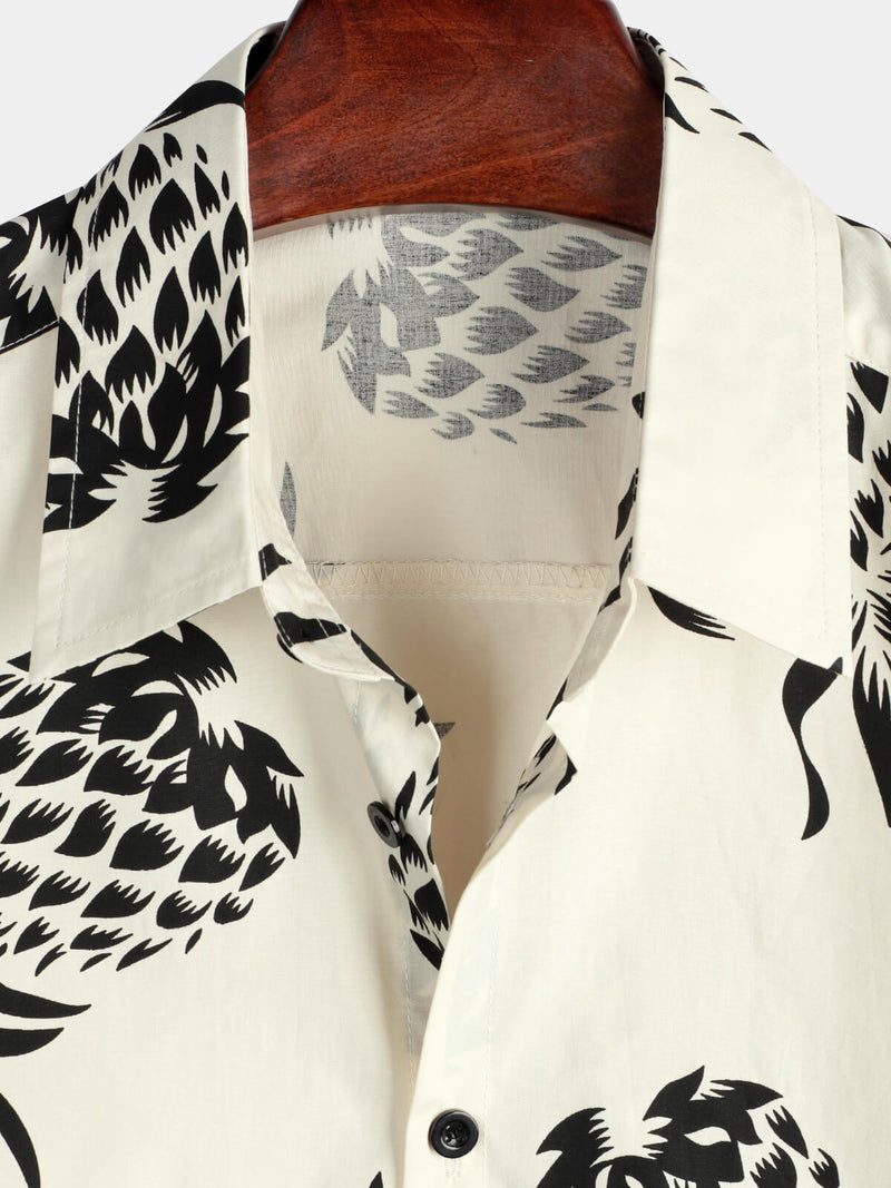 Men's Cotton Pineapple Print Summer Hawaiian Beach Beige Button Up Short Sleeve Shirt