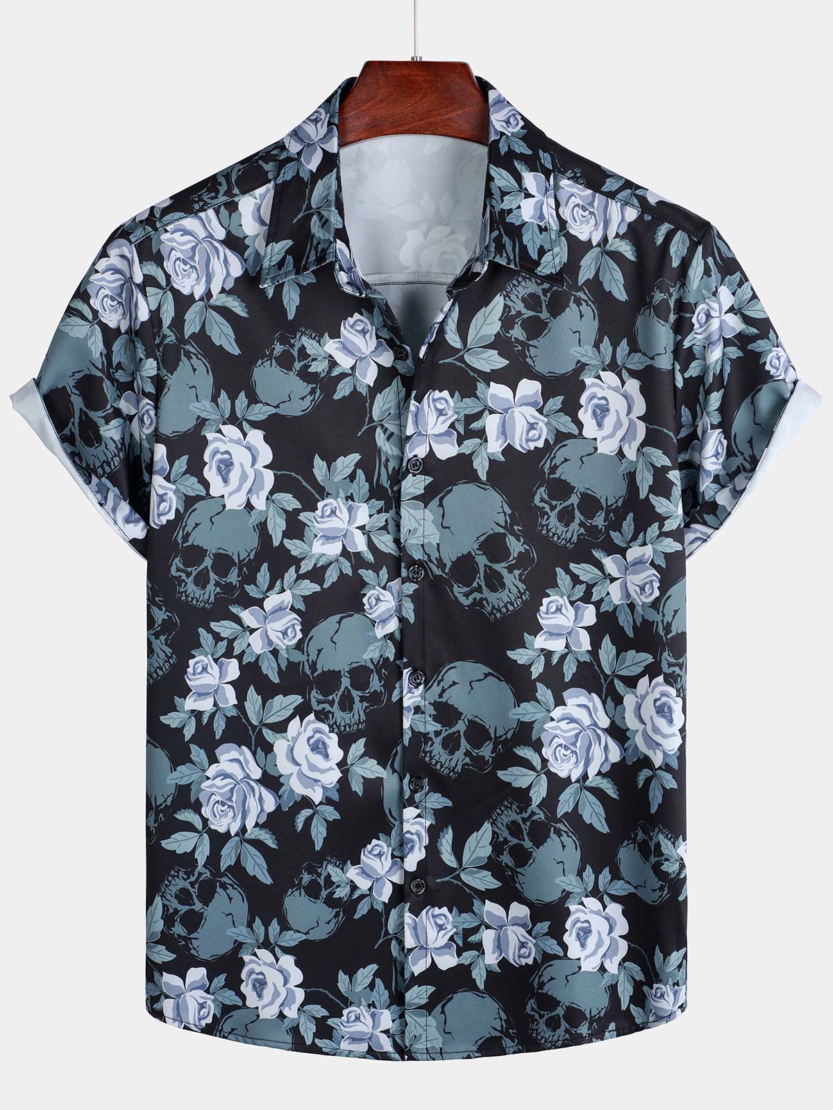 Men's Floral Print Cool Skull Vacation Button Short Sleeve Shirt