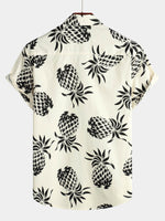 Men's Cotton Pineapple Print Summer Hawaiian Beach Beige Button Up Short Sleeve Shirt