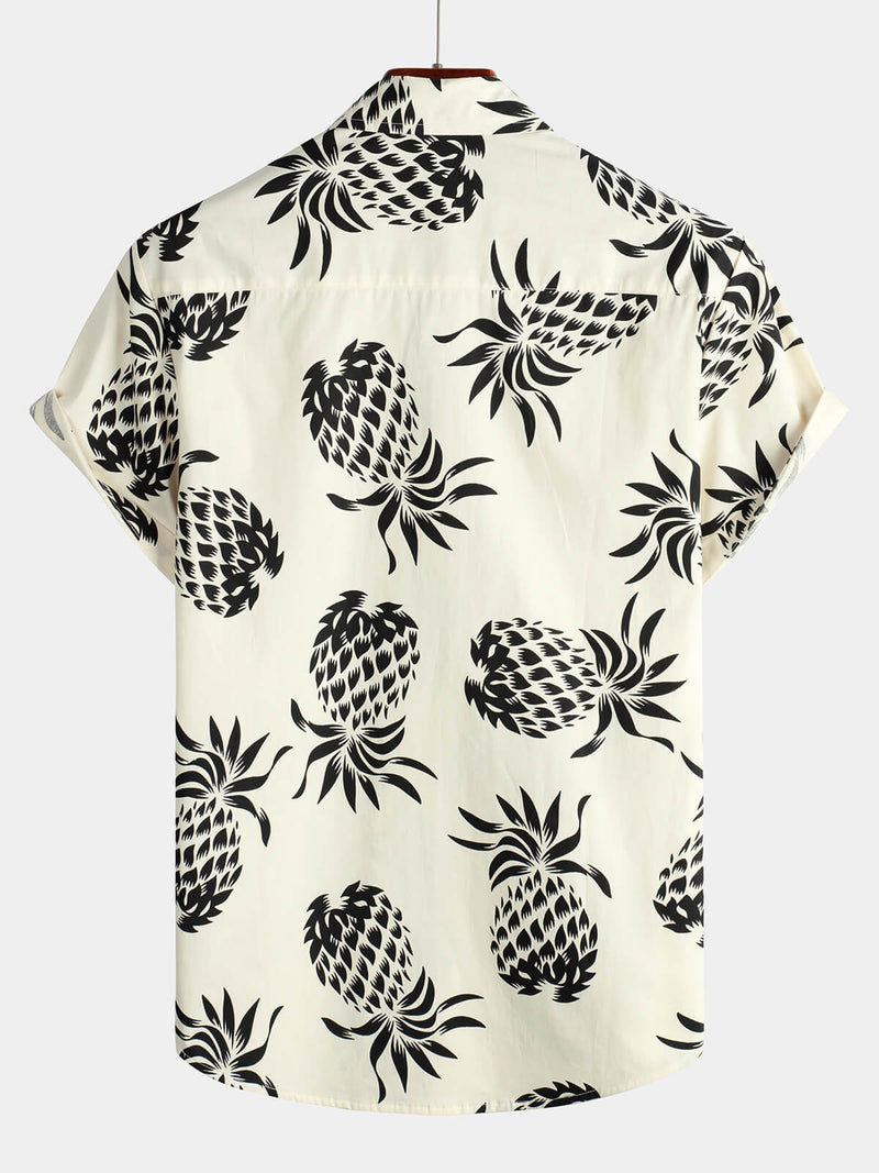 Men's Cotton Pineapple Print Summer Hawaiian Beach Beige Button Up Short Sleeve Shirt