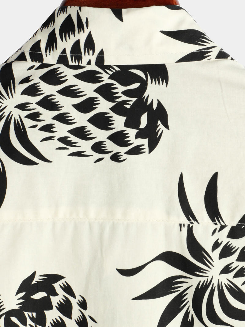 Men's Cotton Pineapple Print Summer Hawaiian Beach Beige Button Up Short Sleeve Shirt