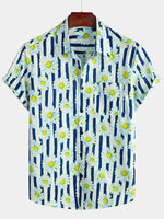 Men's Cotton Blue Striped Daisy Floral Print Pocket Collared Short Sleeve Summer Button Up Shirt