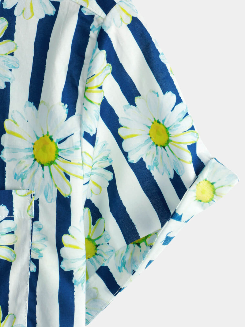 Men's Cotton Blue Striped Daisy Floral Print Pocket Collared Short Sleeve Summer Button Up Shirt