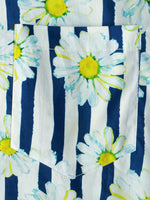 Men's Cotton Blue Striped Daisy Floral Print Pocket Collared Short Sleeve Summer Button Up Shirt