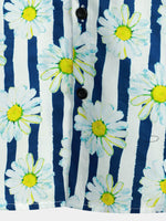 Men's Cotton Blue Striped Daisy Floral Print Pocket Collared Short Sleeve Summer Button Up Shirt
