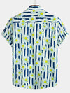 Men's Cotton Blue Striped Daisy Floral Print Pocket Collared Short Sleeve Summer Button Up Shirt