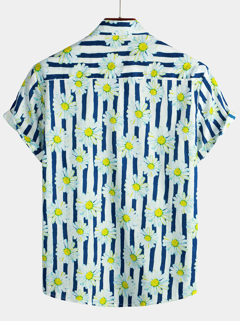 Men's Cotton Blue Striped Daisy Floral Print Pocket Collared Short Sleeve Summer Button Up Shirt