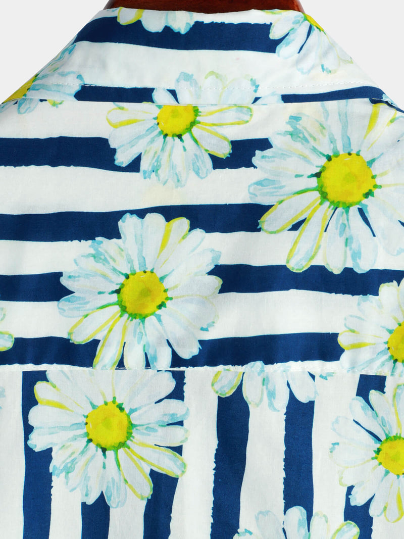 Men's Cotton Blue Striped Daisy Floral Print Pocket Collared Short Sleeve Summer Button Up Shirt