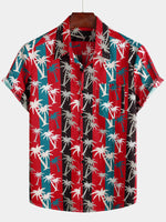 Men's Red Striped Palm Tree Print Collared Cotton Pocket Short Sleeve Hawaiian Shirt